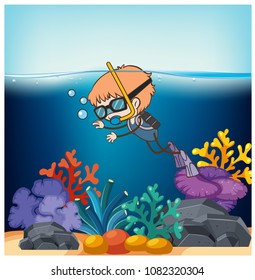 A boy Scuba Diving in Ocean illustration