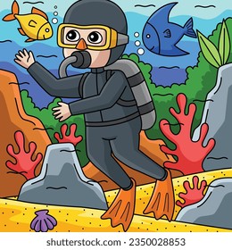 Boy Scuba Diving Summer Colored Cartoon 