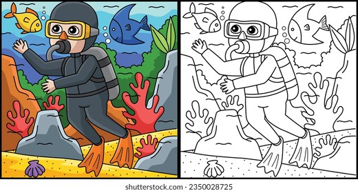 Ilustración de la página de verano de buceo Boy Scuba