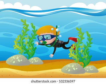 Boy scuba diving under the ocean illustration