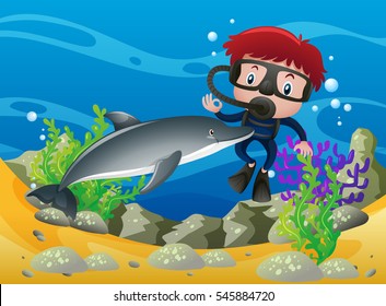 Boy scuba diving under the ocean with dolphin illustration