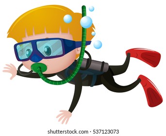 boy scuba diving underwater illustration