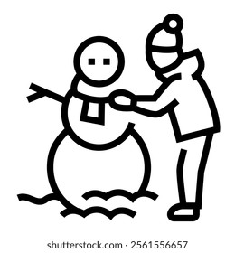 Boy sculpting a snowman black icon. Sign for web page, mobile app, button, logo. Vector isolated button. Editable stroke.