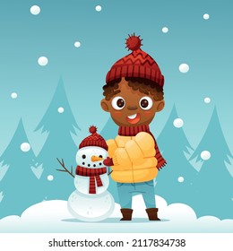 A boy sculpts a snowman on the street in winter against the backdrop of snow and fir trees. Vector illustration for designs, prints and patterns. Vector illustration