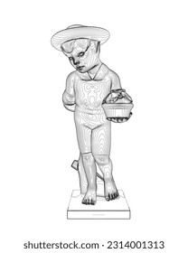 Boy sculpture statue outline. Vector illustration. Isolated on white background. Boy is holding a cup in his hand.