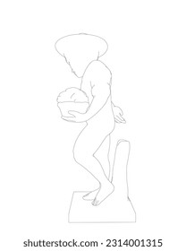 Esbozo de estatua de niño. Ilustración vectorial. Aislado sobre fondo blanco. El chico tiene una taza en la mano.