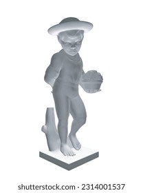 Junge Skulptur Statue polygonal. Vektorgrafik. Einzeln auf weißem Hintergrund. Junge hält eine Tasse in der Hand. 3D..