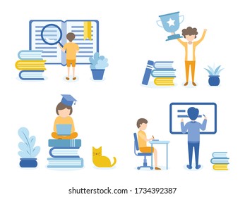 Boy searching in a book for his homework. Women happy with Trophy. Concept Illustration of education for training, studying, e-learning, and online course.