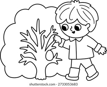 Boy searching for egg in a bush. Vector Easter egg hunt concept. Cute black and white kid icon. Spring holiday line illustration. Woodland or forest children clipart, coloring page
