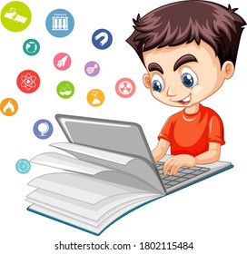 Boy searching on laptop with education icon isolated illustration