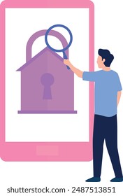 Boy searching online security lock in mobile.