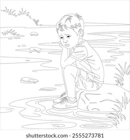 a boy seat on stone beside river coloring page 