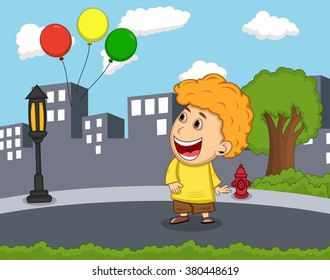 A boy see the balloons float in the air cartoon vector illustration