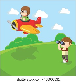 Boy seeing plane with binocular