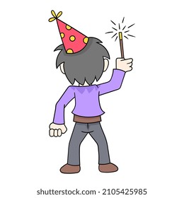 Boy seen from behind holding New Year celebration fireworks, vector illustration art. doodle icon image kawaii.