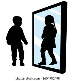 Boy sees a girl in the reflection of the mirror. Transvestism. Not in your body. Transgender transition. Gender change. Silhouette vector illustration