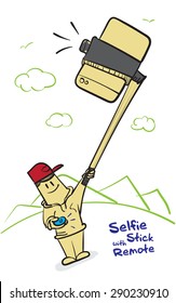 Boy selfie with stick and click remote to shoot a photo. Social concept