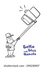 Boy with selfie stick shooting a photo. 