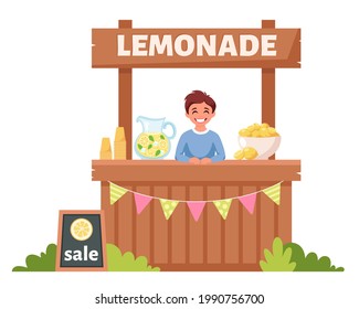 Boy selling cold lemonade in lemonade stand. Summer cold drink. Vector illustration