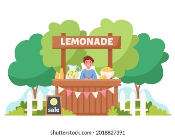 Boy Selling Lemonade In Lemonade Stand. Summer Cold Drink. Vector Illustration