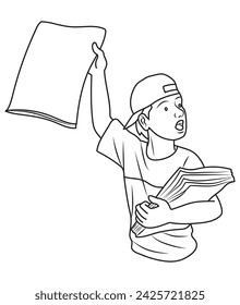 A boy selling newspaper in outline and vector format.