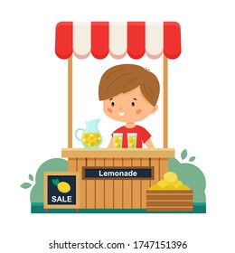 The boy sells lemonade. Sale lemons. Vector lemonade stand. First summer job. Cartoon character. Illustration for children.