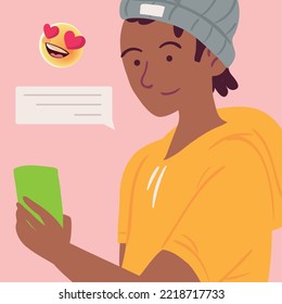 boy sending love message with smartphone
