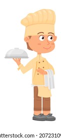 Boy serving food. Chef holding towel and plate with lid