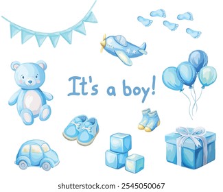 It's a boy set with baby elements in watercolor, perfect for baby shower invitations and newborn designs.