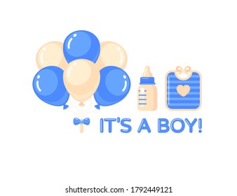 It's a boy set with balloons, milk bottle and blue bib. Baby shower design element. Vector isolated illustration
