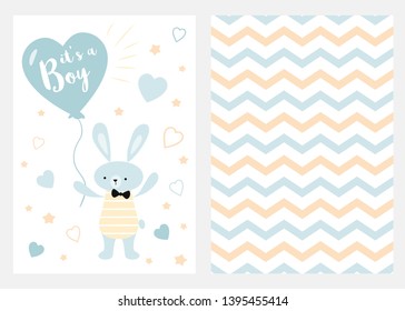 Its a boy Set of blue, white and yellow templates for invitations Rabbit balloon Zigzag background vector Collection of invite cards for party baby shower father's day wedding birthday Childish style.