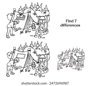 A boy sets up a tent in the forest. Find 7 differences. Tasks for children. Vector illustration