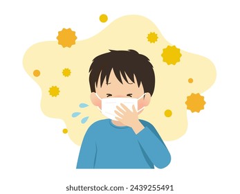 Boy with severe hay fever symptoms (with mask)_vector illustration