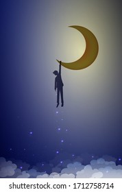 boy shadow or silhouette holds moon, man hanging on the moon, life in dreams concept, dream story concept, vector 