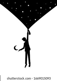 boy shadow or silhouette holds the night sky curtain with stars and invites the moon in the heavens. Dream story vector concept.