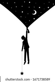 boy shadow or silhouette holds the night sky curtain with stars, Dream story vector concept.