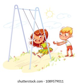 Boy shakes the girl on a swing at the playground. Girl swinging on a swing. Kids zone. Place for games. Funny cartoon character. Vector illustration. Isolated on white background