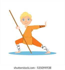 Boy In Shaolin Monk Orange Clothes With a Pole On Karate Martial Art Sports Training Cute Smiling Cartoon Character
