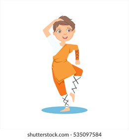 Boy In Shaolin Monk Orange Clothes Demonstrating Starting Stance On Karate Martial Art Sports Training Cute Smiling Cartoon Character