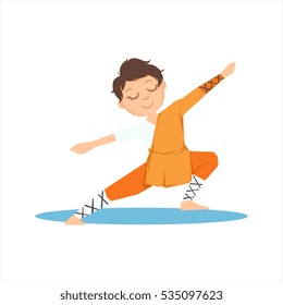 Boy In Shaolin Monk Orange Clothes Doing Meditative Tai Chi Exercise On Karate Martial Art Sports Training Cute Smiling Cartoon Character