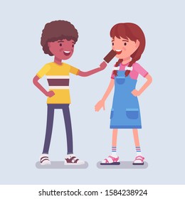 Boy Sharing Ice Cream With A Girl Friend. Child Giving Some Eskimo Pie To Enjoy, Mutual Trust, Kindness And Support Between Teens, Gesture Providing Love, Care. Vector Flat Style Cartoon Illustration