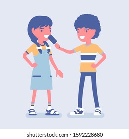 Boy Sharing Ice Cream With A Girl Friend. Child Giving Some Eskimo Pie To Enjoy, Mutual Trust, Kindness And Support Between Teens, Gesture Providing Love, Care. Vector Flat Style Cartoon Illustration