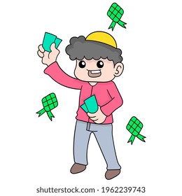 Junge teilt Geld, während Eid al Fitr, Vektorgrafik Kunst. doodle Symbol-Bild kawaii feiern.