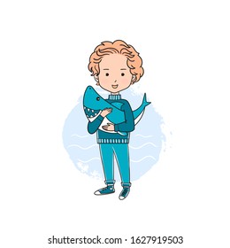 The boy and the shark, boy with toy. The character. Vector illustration. Printing on t-shirts. 