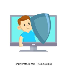 A boy with a shield in a computer monitor. Vector illustration isolated on white. Concept on the topic of child safety on the Internet or parental control function.