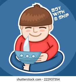 boy with a ship sticker
