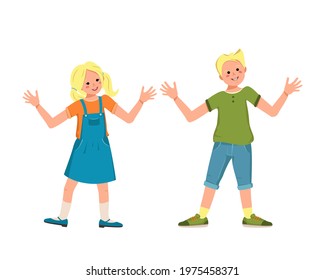 Boy in a shirt, shorts and girl in a skirt, shoes with blonde hair. Happy smiling kids dance, hug their hands. Teenagers with faces in casual clothes. World children day. Vector illustration