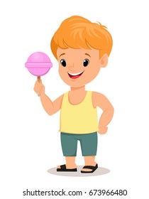 Boy in shirt and shorts holds tasty candy. Cute cartoon character. Vector.