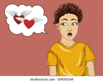 Boy in shock. Valentine Day.Funny hair insert end. Very surprised and frightened child. Vector Illustration pop art on a yellow background. Thought bublles