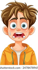 A boy with a shocked expression and sweat
